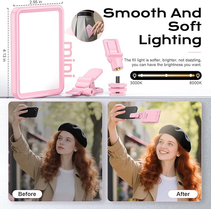 Rechargeable Soft Selfie Light for Phone, Camera, Laptop, 4-14H Battery Portable LED Light for Pictures, Phone Light Clip for Selfie, Vlog, TikTok, Makeup, Video Conference Pink