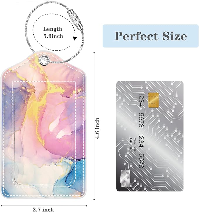 (Set of 2) Luggage Tag Leather Privacy Cover ID Label Address Card with Stainless Steel Loop, Travel Bag Tags Suitcase Labels, Colorful Gold