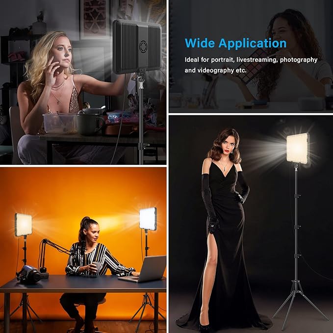 2 Pack LED Video Light with 63'' Tripod Stand, Obeamiu 2500-8500K Dimmable Photography Studio Lighting for Video Film Recording/Collection Portrait/Live Game Streaming/YouTube Podcast, USB Charger