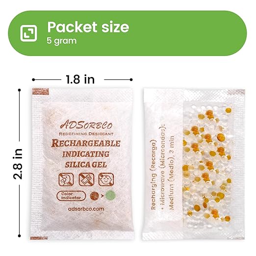 ADSorbco 5 Gram (100 Pack) Silica Gel Packets - Desiccant Packs for Storage, Moisture Absorbers for Food, Rechargeable, Orange-to-Green & White Blend for Food Storage, Electronics, Jewelry, Safes