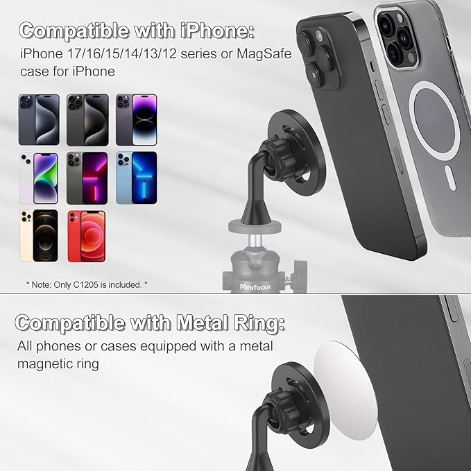 Magnetic Phone Tripod Mount Adapter with 1/4"-20 Screw Hole, Compatible with Magsafe for iPhone 17/16/15/14/13 Plus Pro Max Mini Series, Adjustable Phone Holder for Tripod, Ring Light, Selfie Sticks