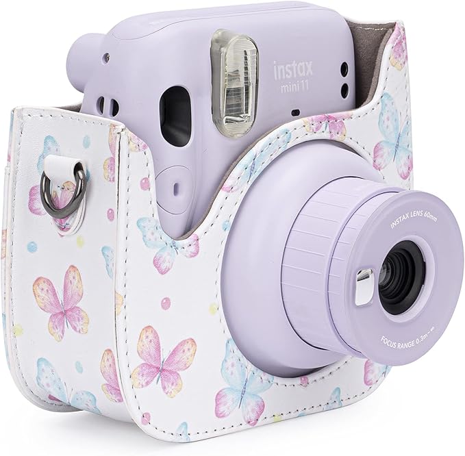 Frankmate Protective Case Compatible with Fujifilm Instax Mini 12 11 9 8 Instant Film Camera with Pocket and Adjustable Strap (Pink Butterfly)