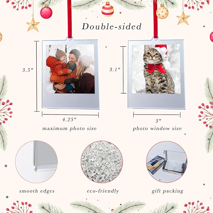 6 Set Christmas Acrylic Polaroid Film Picture Frames 3.5 * 4.25inch frame Ornaments, Blank Double-Sided Picture Frames Photo Frame for christmas tree Decor, Hanging Photo Ornaments For Tree (Silver)