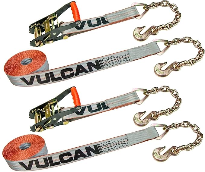 VULCAN Ratchet Strap with Chain Anchors - 2 Inch x 27 Foot - 2 Pack - Silver Series - 3,600 Pound Safe Working Load