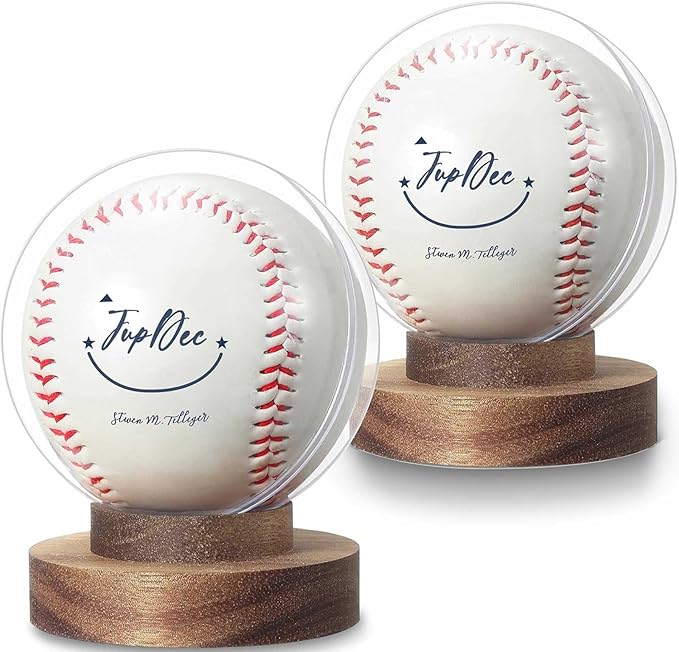JupDec Baseball Display Case, Round Clear Ball Holder with Wooden Base, Autograph Baseball Stand Box for Single Ball, Acacia Wood, Brown, 2 Pack