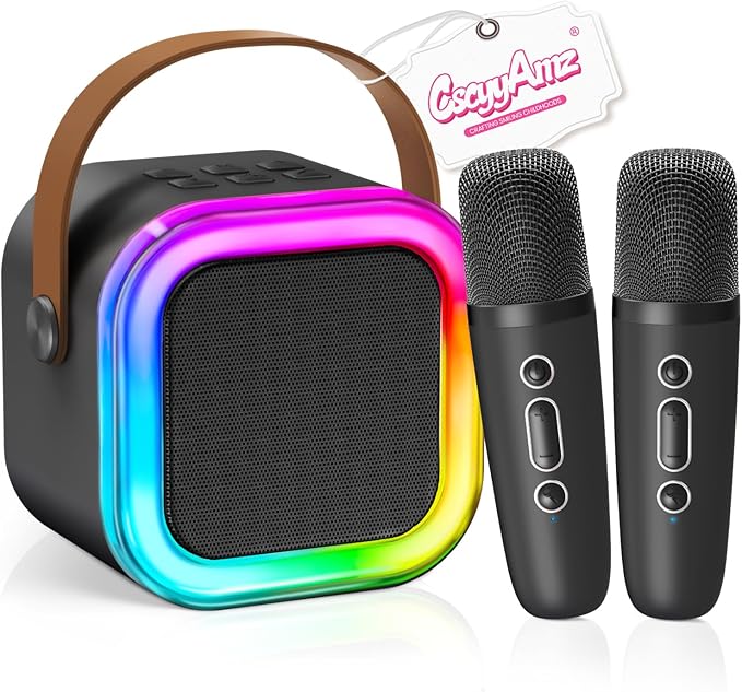 【2026 Newest】 Mini Karaoke Machine for Kids Girls & Boys - Portable Bluetooth Speaker with 2 Wireless Microphones - Kids Birthday Gifts for Ages 4-10 - Kids' Instrument Accessories - Black