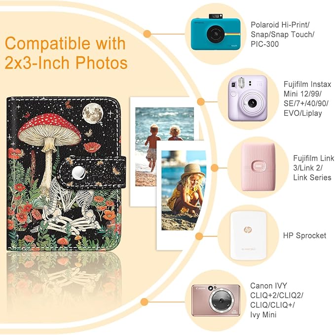 Lebrocoli Skul Lover Mushroom Small Photos Album for 2x3 Inch Films, 56 Pockets Mini Cute Albums Book for Polaroid Fujifilm Instax Mini Instant Camera Printer, Kpop Photocard Pictures Binders Holders