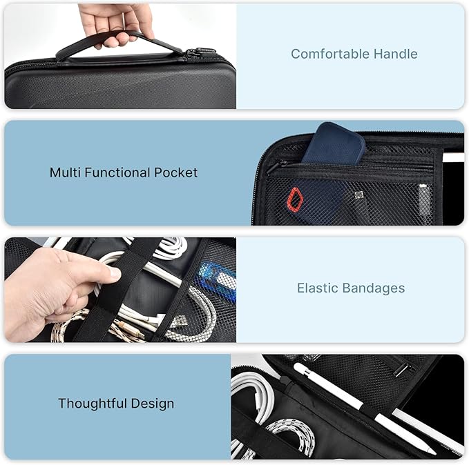 Comecase Electronics Organizer Travel Case for MacBook Pro/Air Power Adapter, Double Layer Tech Bag with 5 Dividers for iPad Mini/Air (up to 11"), Cables, Magic Mouse, Power Bank & SSD - Black