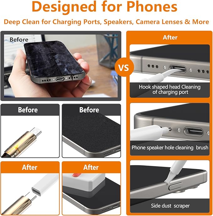 Cell Phone Cleaning Kit, iPhone Cleaning Kit for Charging Port Cleaner Keyboard Cleaning Kit for Airpods/Android/USB C/Earbuds/Laptop/iPad/Camera Lens with Stylus Pen (White, Brush Refill)