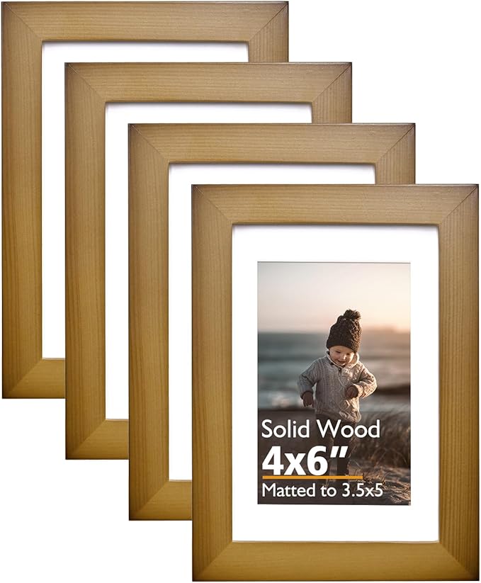 KINLINK 4x6 Frame Brown, Solid Wood 4 x 6 Picture Frame with Acrylic Plexiglass for 3.5x5 with Mat, Tabletop and Wall Display Photo Frames 4x6 Brown, 4 Pack