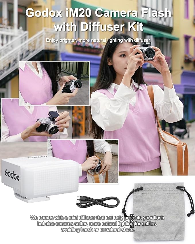 Godox IM20 Mini Flash with Diffuser for Canon, Nikon, Sony, Fuji, Olympus Single-Contact Hotshoe Cameras – Built-in USB-C Charging Battery, 230 Flashes, 5-Level Power Adjustment, White