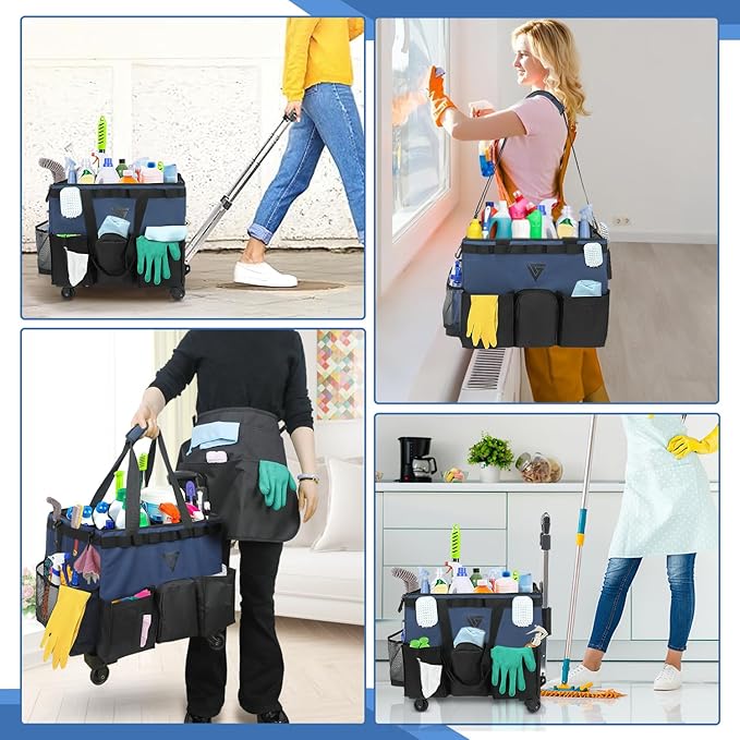 Professional Cleaning Kit - Durable Cleaning Caddy Bag with Black Apron and Trolley, Water-Resistant Organizer for Cleaning Supplies, Polyester Cleaning Bag for Housekeepers, (Dark Blue)