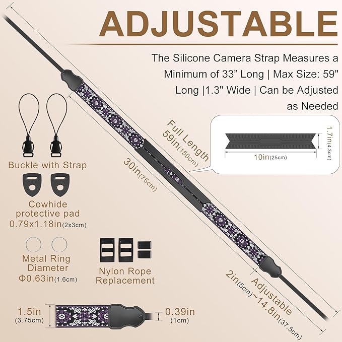 Neck Strap Silicone Camera Straps - Padded Camera Strap, 1.5" Wide Adjustable Nylon Shoulder Strap - Compatible with Canon, Nikon, Sony, and More DSLR and Mirrorless Cameras (Purple)