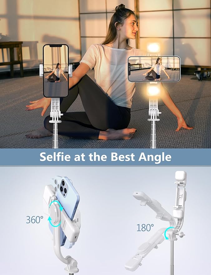 45'' Selfie Stick with Light, Travel Tripod Essentials with Wireless Remote, Portable Cell Phone Tripod Stand, Beach Cruise Ship Essentials for Family, Compatible with 4-7.2" All Smartphone