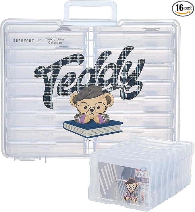Party Club of America Photo Storage Box 4" x 6" Cases With Handle - 16 Inner Keeper (Clear-School style pattern)