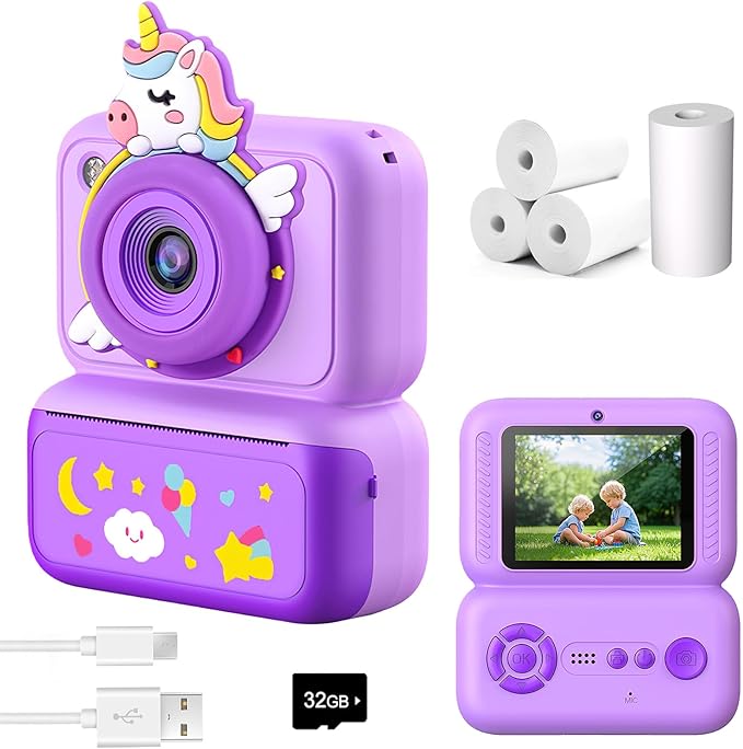Kids Camera Instant Print, Instant Camera with 4 Roller Photo Paper & 32GB Card, 1080P Dual-Lens Digital Camera for Kids, Boys and Girls Toys Gifts for Teenage Girls Kids Toys for Ages 8-13 (Purple)