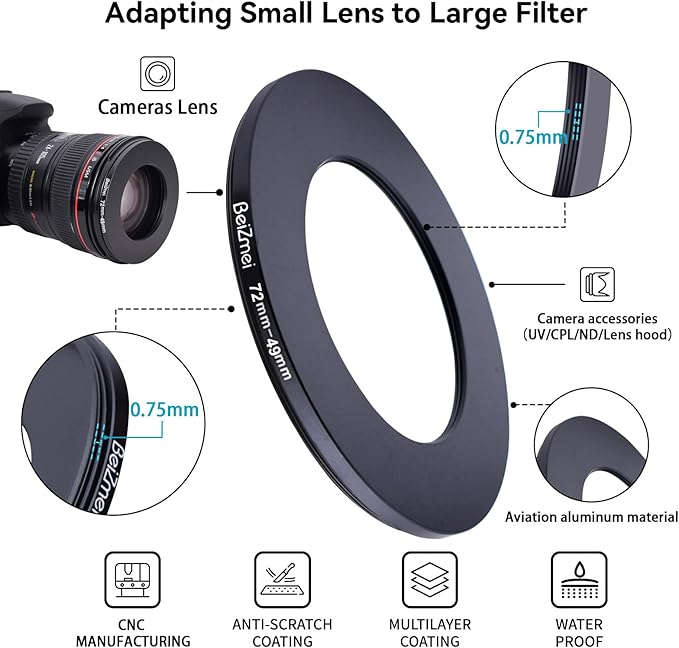 72mm to 49mm Camera Filters Ring,Step-Down Filters Ring Compatiable All Brands Ø72mm Lens to Ø49mm Camera Accessory.Made of CNC.