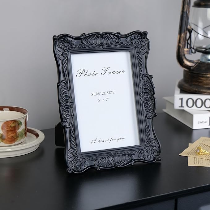 Cuspin 5x7 Black Picture Frame, Vintage Photo Frame Retro Gothic Home Decor Decorative Hand-Carved Resin with Detailed Design for Tabletop Display or Wall Hanging