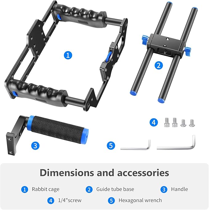 NEEWER Camera Video Cage Film Movie Making Kit, Aluminum Alloy with Top Handle, Dual Hand Grip, Two 15mm Rods, Compatible with Canon Sony Fujifilm Nikon DSLR Camera and Camcorder (Black + Blue)