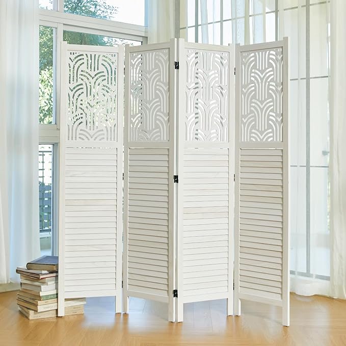 Folding Room Divider, 66.9 Inch 4 Panels Wood Carved Privacy Screens, Free Assembled Freestanding Portable Separation Wall for Home Office Restaurant Bedroom (White)