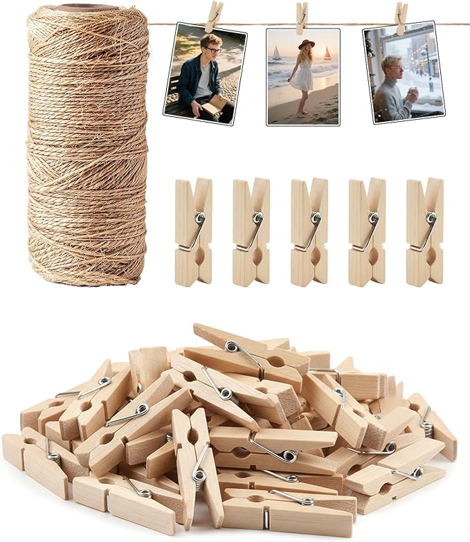 Gaahkai 200PCS 1.2" Picture Clips Wall Hanging with 328FT Photo String, Tiny Hanger Clothes Pins for Photos, Mini Clothespins Wooden for Baby Shower