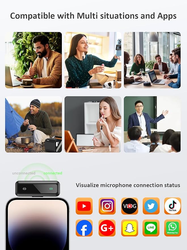 USB C Wireless Lavalier Microphone for iPhone 15/16, Mini Lav LED Mic for Android Phone with Noise Cancelling, Lapel Podcast Microphone for Tiktok Content Creator Video Recording, Streaming, Vlogging