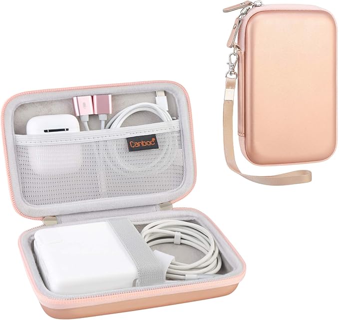 Canboc Carrying Case for MacBook Air Pro Charger MagSafe/MagSafe 2 Power Adapter, iPhone 16/16 Pro MagSafe Charger, USB C Hub, Type C Hub, USB Multiport Adapter, Hard EVA Bag, Rose Gold
