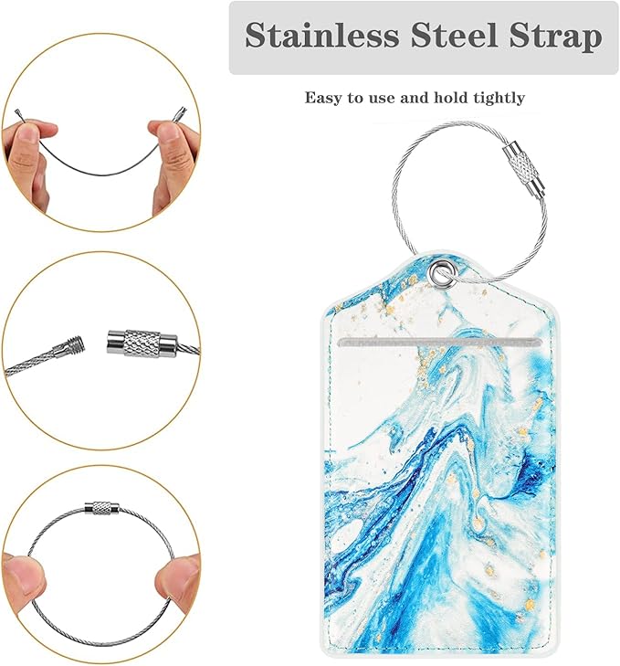 (Set of 2) Luggage Tag Leather Privacy Cover ID Label Address Card with Stainless Steel Loop, Travel Bag Tags Suitcase Labels, Blue Marble