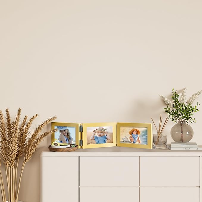 decorUhome Triple 6x4 Picture Frame Horizontal, Engineered Wood Trifold Photo Frame with Plexiglass for Tabletop Display, 6x4, Gold