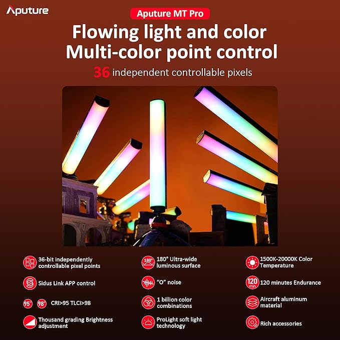 Aputure MT Pro,RGBWW Mini Tube Light,36 Pixel-Mappable,7.5W 2000K to10000K,9 Built-in Battery System FX with Grid and Tripod