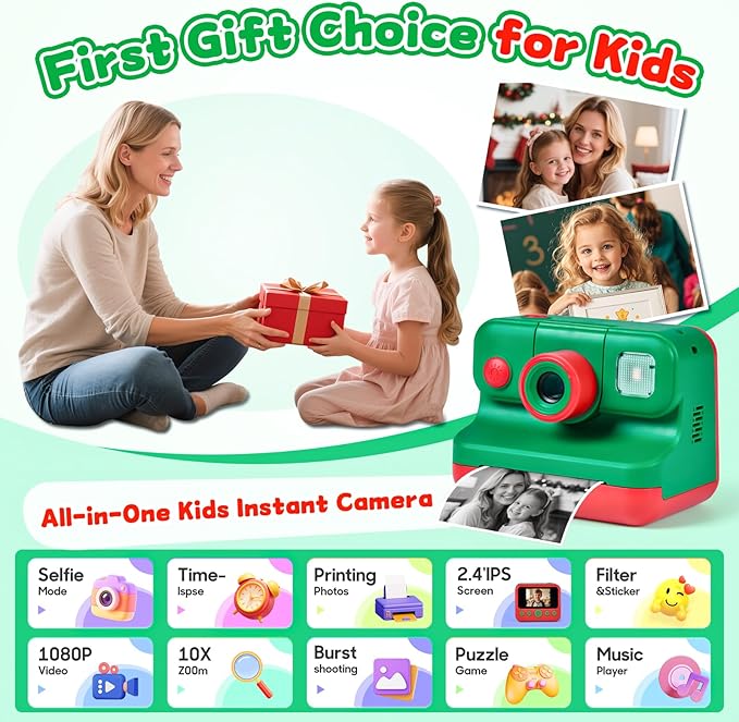 Kids Instant Print Camera with Carrying Bag, 1080P HD Girl Camera with 4 Print Paper Rolls, Color Pens & 32GB Card, Christmas Birthday Gifts Kids Girl Toys for 3-12 Years Old (Pink)