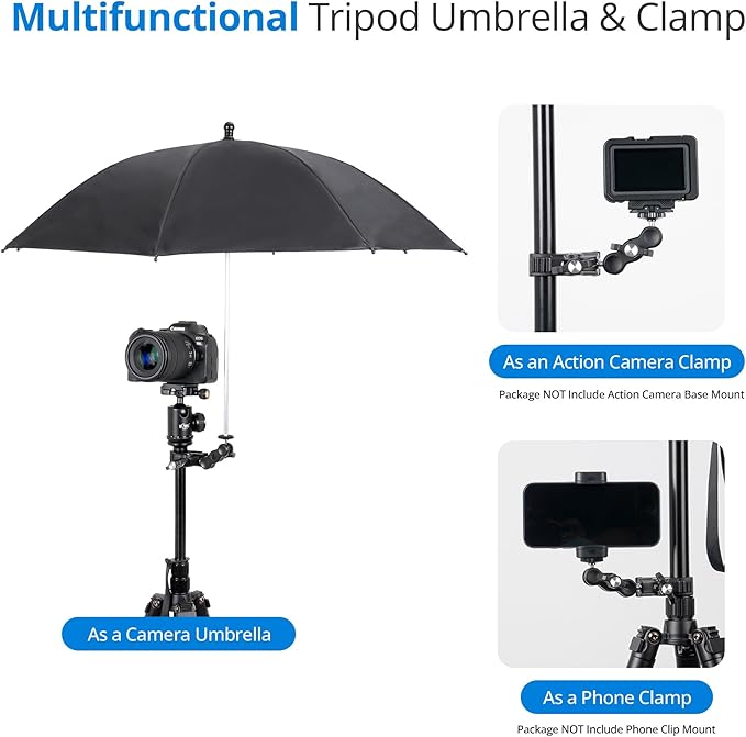 65CM/25.59" Camera Tripod Umbrella with Super Clamp, 360° Adjustable Camera Rain Cover Sun Shade Weather Guard Umbrella for Canon Nikon Sony Fujifilm Xbotgo Cameras Outdoor Photographing Filming