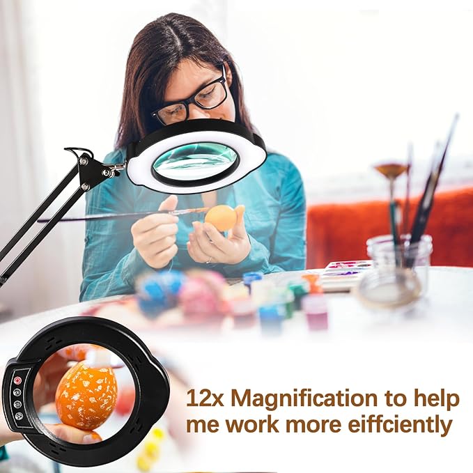 VUEJIC 12X Magnifying Glass with Light and Clamp, Magnifier with Light Hands Free,84 LEDs Real Glass Lens Magnifying Lamp for Close Work, Repair, Reading, Craft (Black 2)