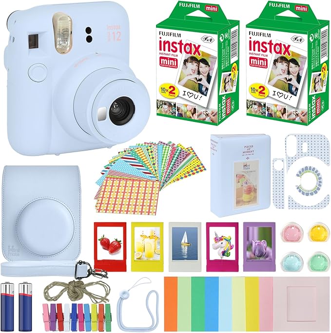 Fujifilm Instax Mini 12 Instant Camera Pastel Blue + Carrying Case + Fuji Instax Film Value Pack (40 Sheets) Accessories Bundle, Color Filters, Photo Album, Assorted Frames