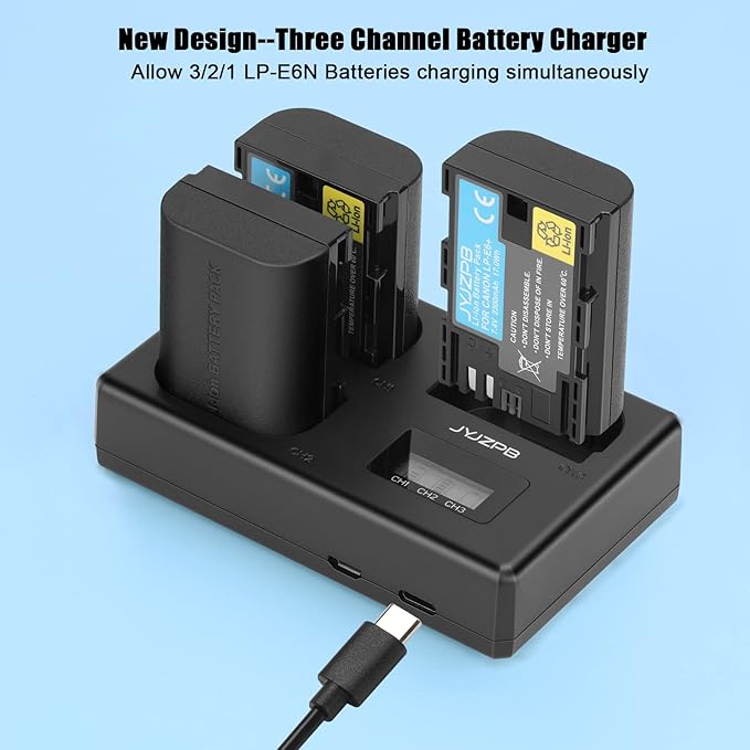 LP-E6N LP-E6 Battery Charger Set, 3-Slot LCD Charger for Canon EOS R R5 R6 R7 R5 C, R6 Mark II,EOS 5D Mark II III IV, 5D SR, 6D Mark II 7D Mark II, 6D 7D 90D 80D 70D 60D 60Da, XC10 XC15 Camera 2300mAh