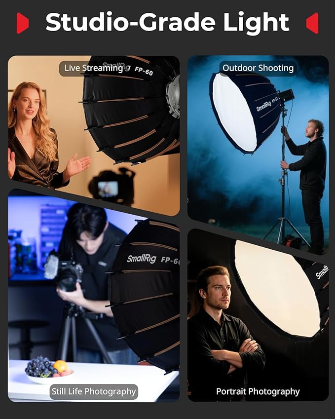SmallRig FP-60 23.6" Parabolic Softbox with Bowens Mount for Studio Photography, Quick Release Soft Box with Honeycomb Grid, Diffusers, for SMALLRIG RC 220 pro, for Neewer for Godox for Aputure - 5396