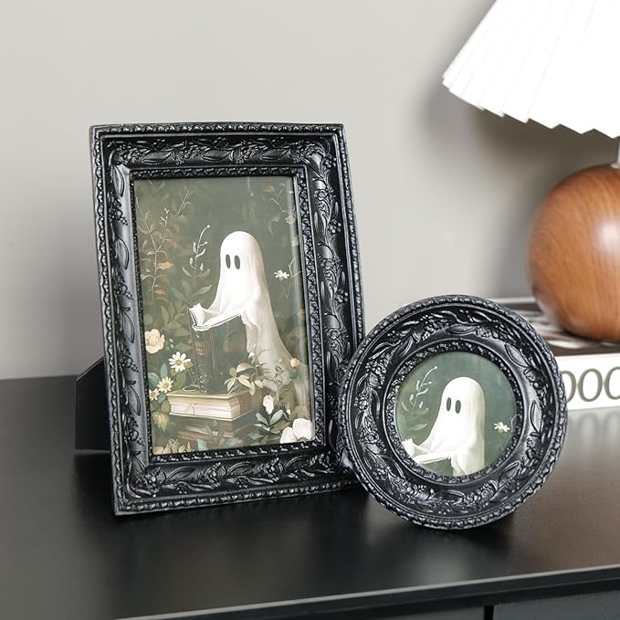 Cuspin Gothic Picture Frame Set of 2, Vintage Ornate Black Resin Frames (4x6 Rectangle & 3x3 Round), Baroque Decorative Photo Frames with Plexiglass Front, Tabletop Easel & Wall Mount