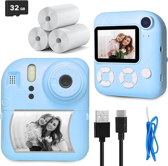 Instant Print Camera for Kids, Christmas Birthday Gifts for Kids Ages 3-12, 16X Zoom,1080P Vedio Selfie Digital Camera,Toddler Portable Toy for Girls and Boys with 32GB TF Card (Blue)