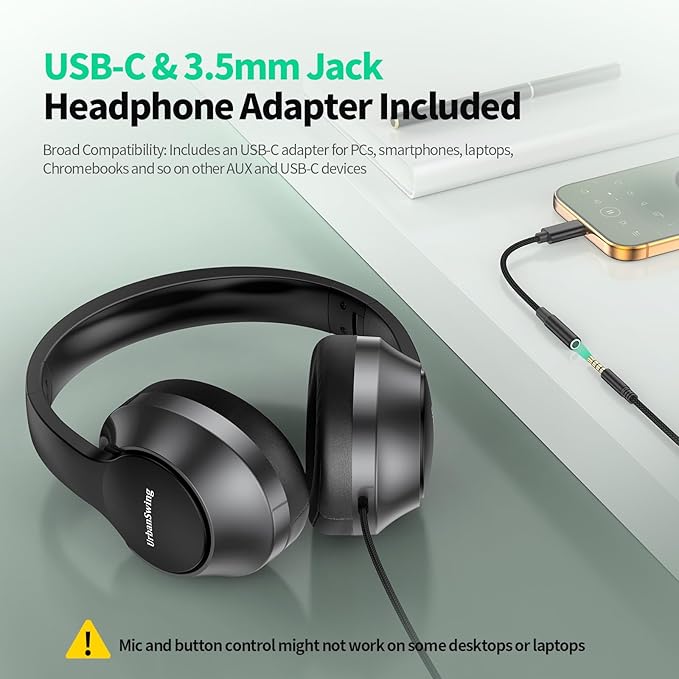 W2 USB C Headphones Wired Over Ear, 3.5mm AUX Plus USB-C Adapter, Wired Headset with Mic, Sturdy 4.9ft Extra-Long Cable for Gaming Consoles, iPhone 16, iPad & Tablets, Foldable with Pouch