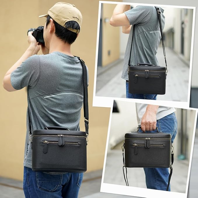 Divvia Camera Sling Bag, Waterproof PU Leather Crossbody Camera Case for Photographers, Small Shoulder Bag Compatible for Canon Nikon Sony (Black)