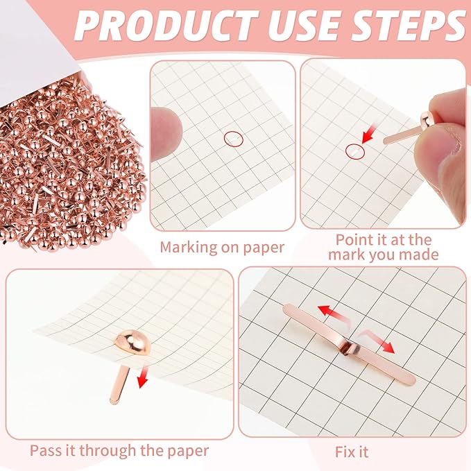 Hotop 500 Pcs Brads for Paper Crafts Metal Round Brass Paper Fasteners for Craft Art Crafting School DIY Supplies(0.3 x 0.6 Inch,Rose Gold)