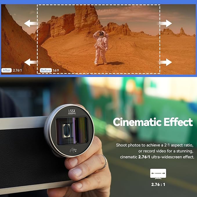 1.55x Anamorphic Lens Compatible with T Mount iPhone & Samsung - Cinematic Smartphone Lens with Ultra-Wide View, with APP Image Correction, Sci-Fi Blue Flare, and Enhanced Video Quality