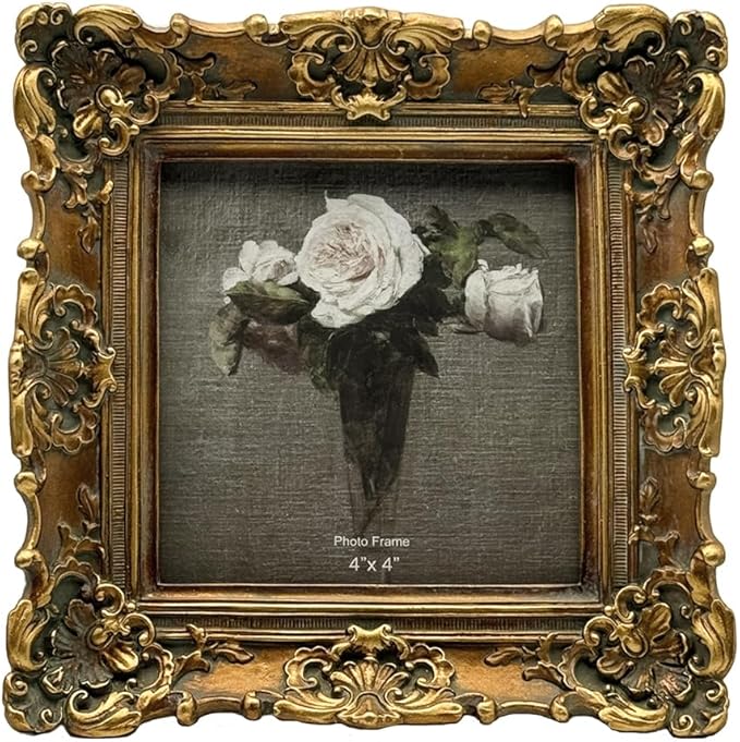 CISOO 4x4 Vintage Small Picture Frame, Antique Ornate Bronze Gold Square Photo Frame, for Table Top and Wall Display, Decorative Floral Design Retro Home Decor, Photo Gallery Art