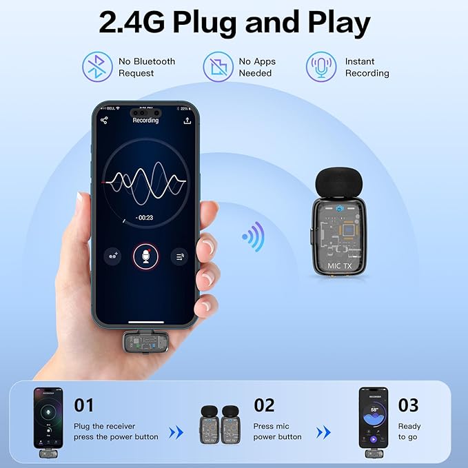 ZealSound Mini Microphone, Wireless Lavalier Mic for iPhone/iPad/Android, USB-C/Lightning, Noise Reduction, 33H Battery with Charging Case for Content Creators, TikTok & YouTube Videos - Transparent