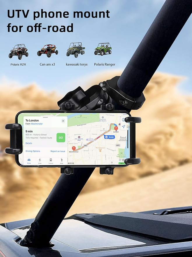 Anti-Vibration UTV Phone Mount Heavy Duty, Full Protection SXS Phone Holder with Aluminum Bracket Fit for 1.75-2" Roll Cage, Adjustable UTV Cell Phone Holder Holds 4.7-7.1" Phones