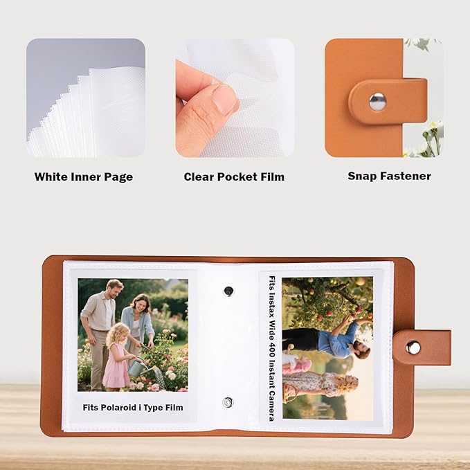 52 Pockets Mini Photo Album Fits Polaroid 600/i-Type/SX-70 Instant Film & Fujifilm Instax Wide 300/400 Instant Photos,PU Leather Cover 3.5x4.25 Inch Pictures Book (Brown)