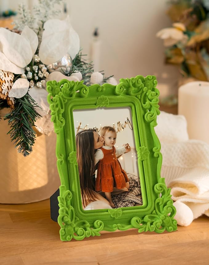 Cute Picture Frame 5x7, Green Rococo Ornate Frame for Plants Flower Art Prints Drawings, 5 by 7 Decorative Photo Frames with Real Glass and Stand, Gallery Home Office Decor (Lawn Green)