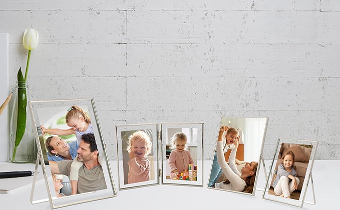 Gold 4x 6'' Double Floating Frame, For Photo Sizes (2 x3'' 3.5x 5'' up to 4x6'' ), Beautiful Metal Lace Edge Frames Adjustable Tabletop/Shelf Photo Frame, Classy Gift Choice for Wedding, Thanksgiving,