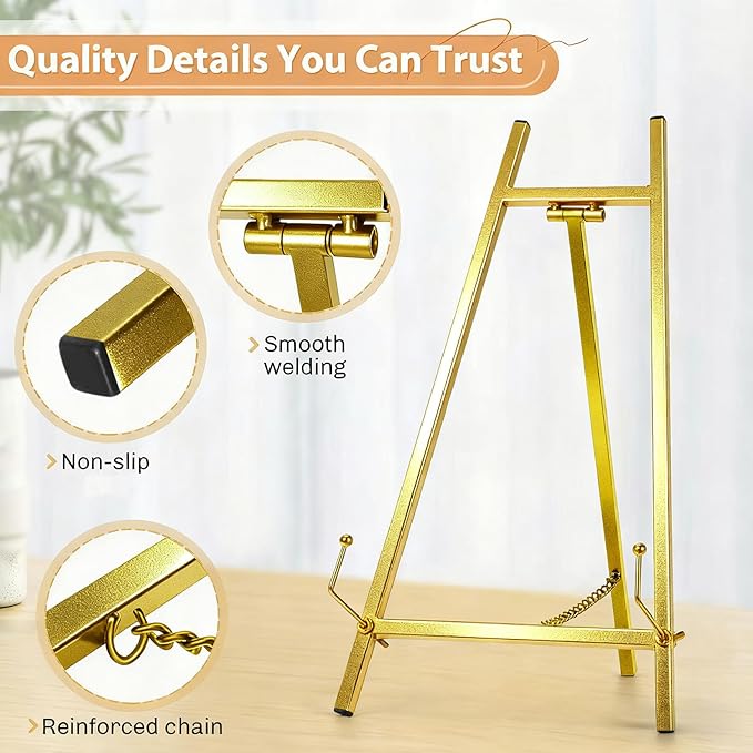 BeeCoAoo 16.5" Metal Easel Stand for Sign – Elegant Table Top Easel for Display, Heavy Duty Tabletop Picture Easel Stand for Wedding Sign, Picture Frame, and Art (Gold)