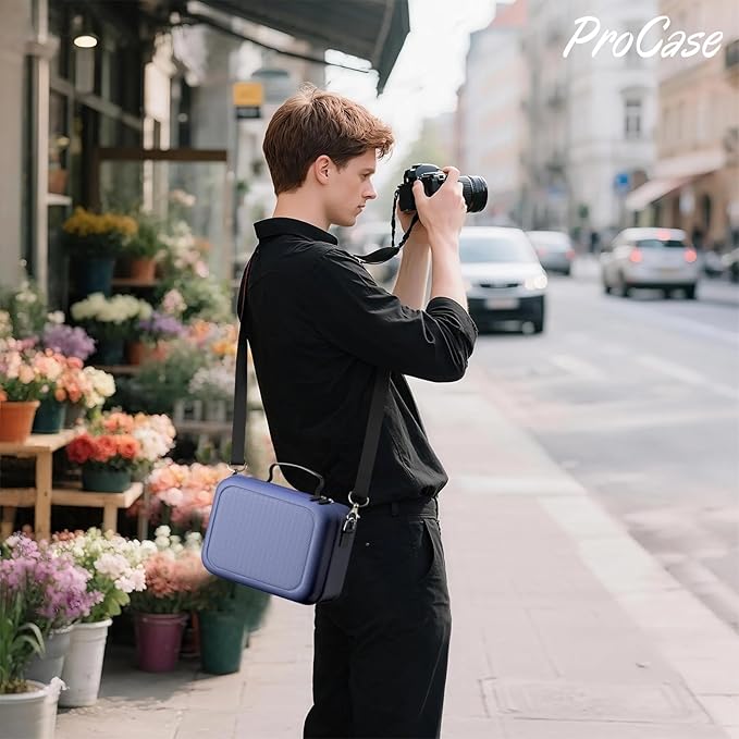 ProCase Hard Shell Camera Case for Canon Rebel T7/EOS R100/R50/DSLR/SLR/Nikon/Sony/Mirrorless Cameras, Soft Padded Digital Camera Travel Bag with 1 Shoulder Strap and 3 Adjustable Dividers -Navy